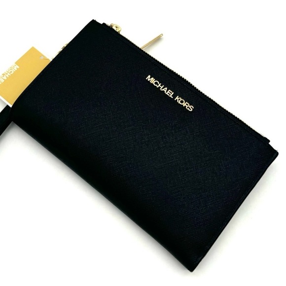 Michael Kors Large Double Zip Wallet Wristlet Black/Gold - Picture 1 of 9